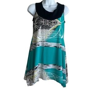 Lior‎ Paris Women Tunic Top S Teal Black Abstract Jersey Lagenlook Artsy Modern